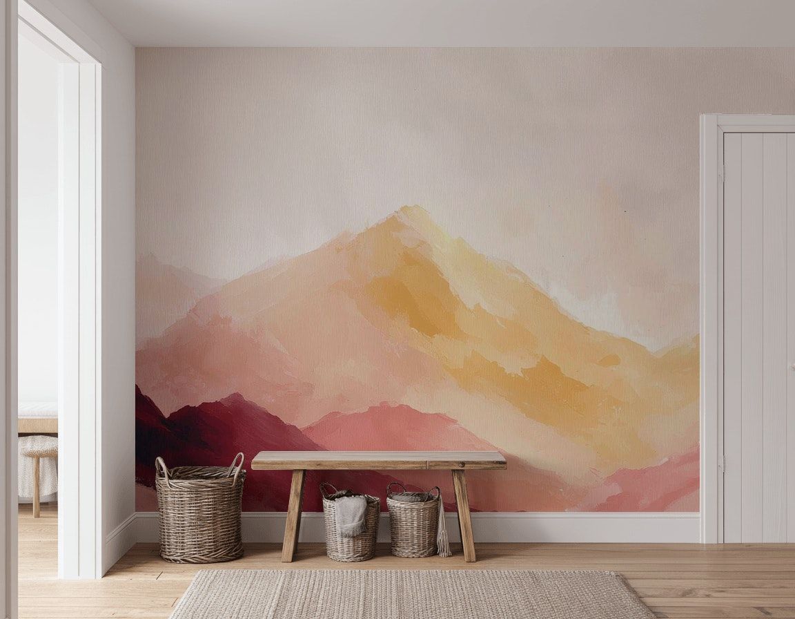 Cream Blush Watercolor Mountain Landscape Wall Mural
