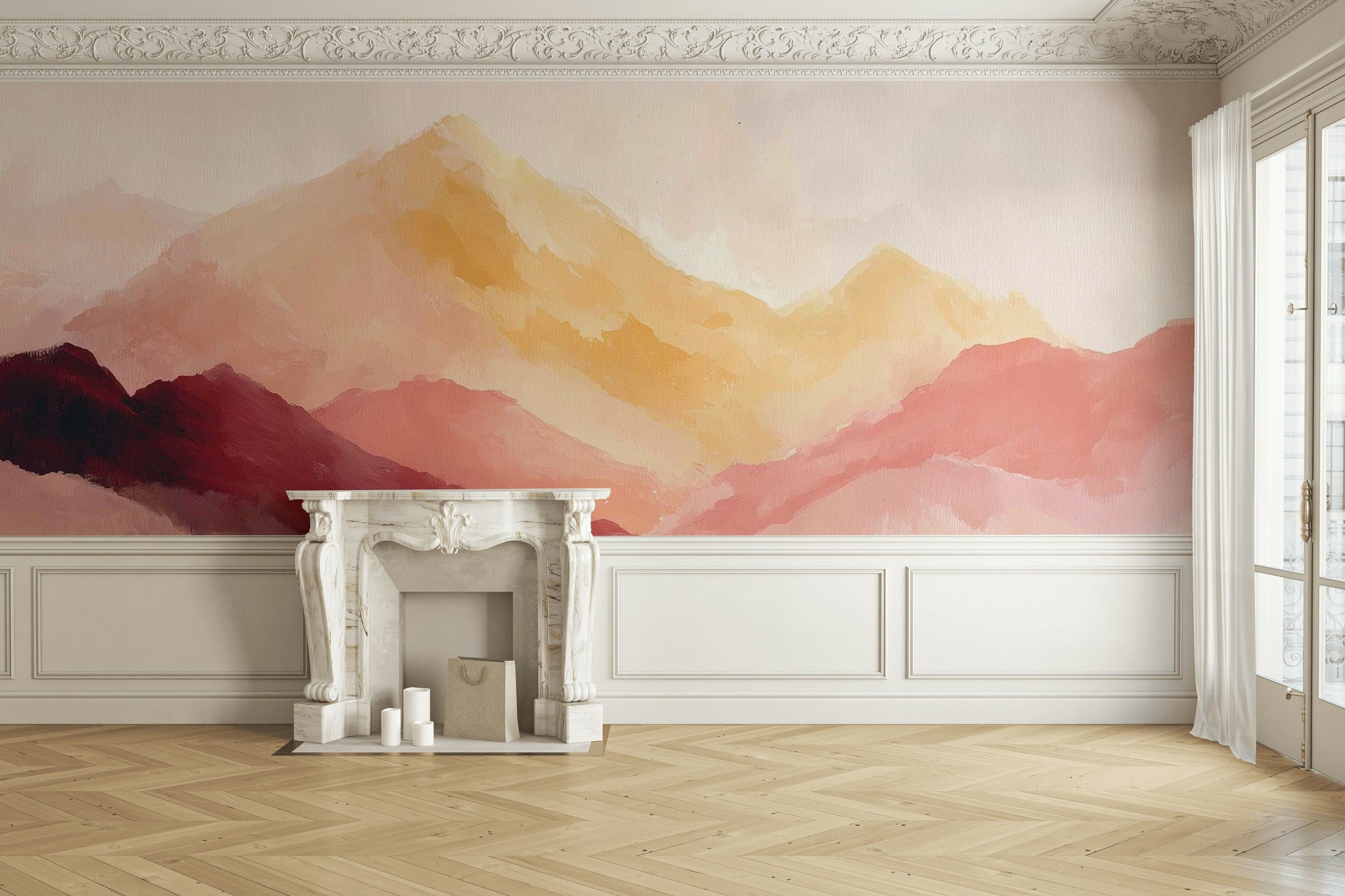 Cream Blush Watercolor Mountain Landscape Wall Mural
