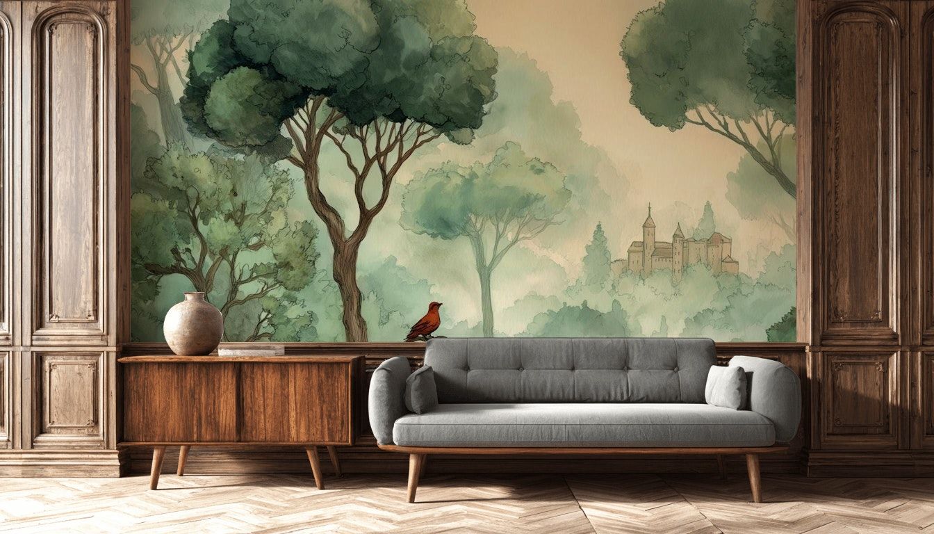 Misty Green Forest with Red Bird Wall Mural