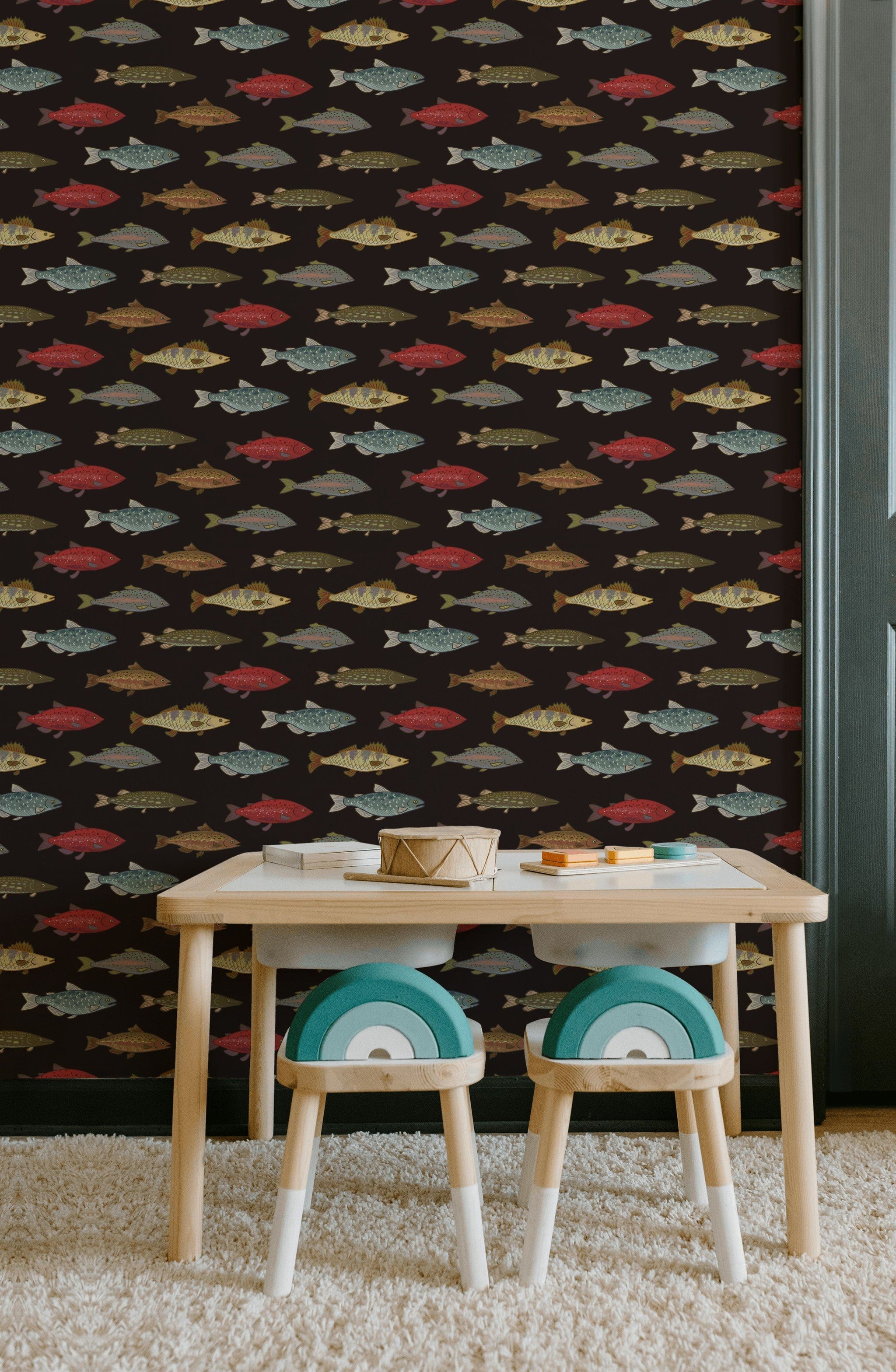 Black Multicolor Fish Pattern Wallpaper