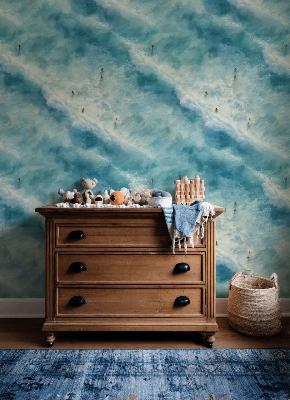 Aqua Blue Ocean Wave Pattern Wallpaper