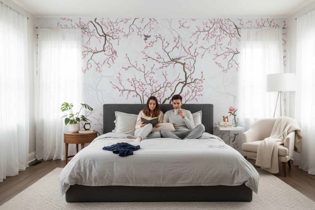 Floral Wallpaper Cherry Blossoms Removable Birds Wall Double Roll