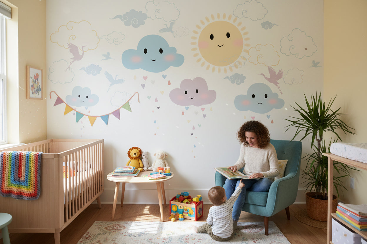 Playful Pastel Sky and Cloud Kids Wall Mural