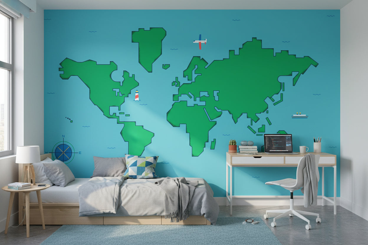 Bright Blue Kids World Map Wall Mural