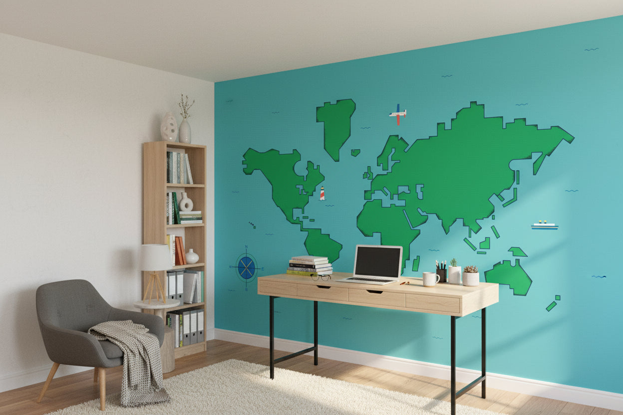 Bright Blue Kids World Map Wall Mural