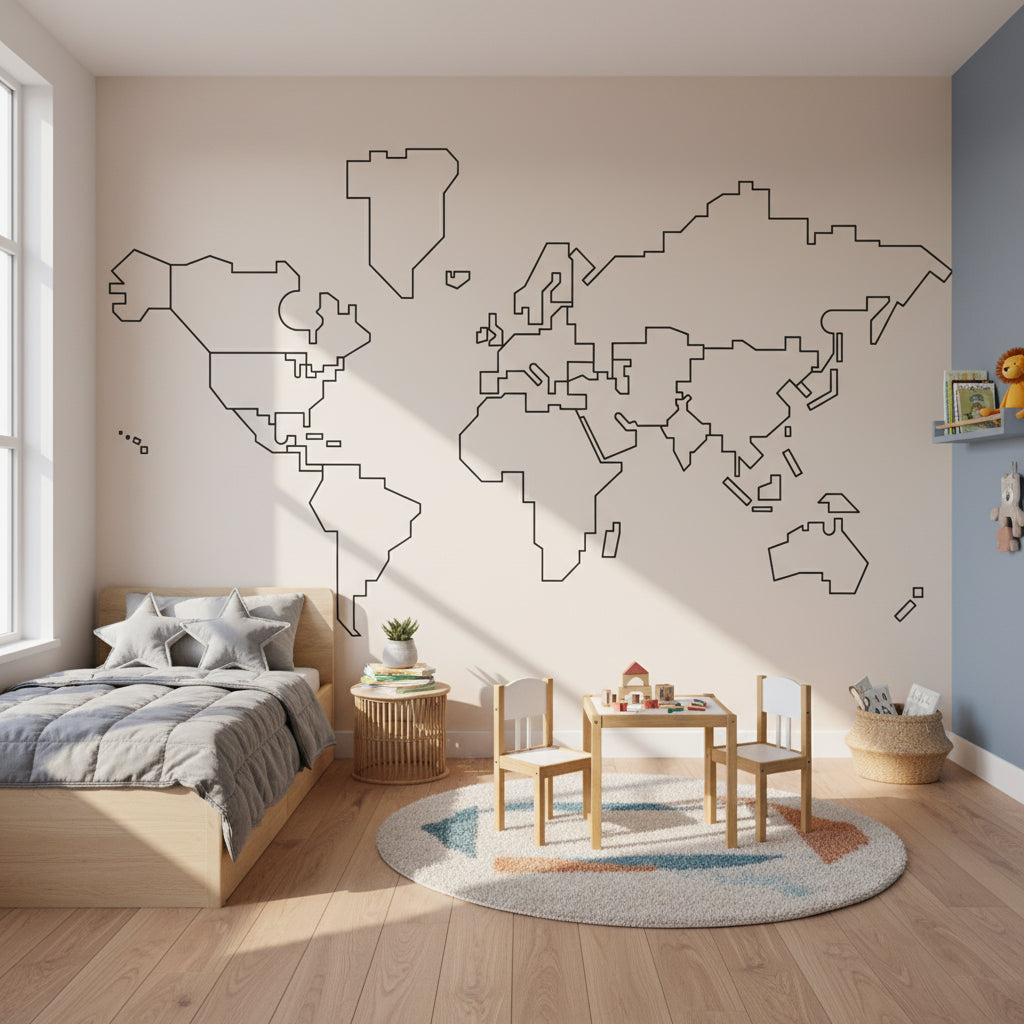 Beige Minimalist Outline World Map Wall Mural
