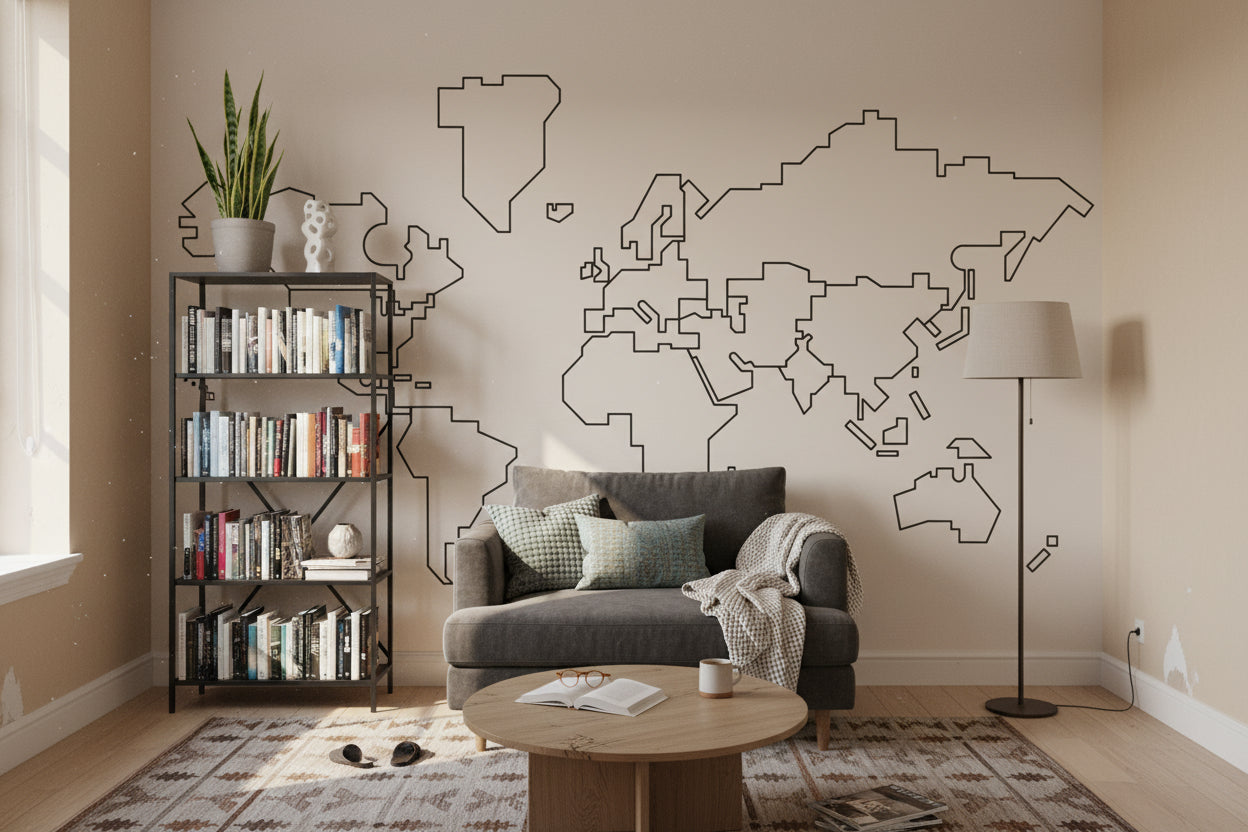 Beige Minimalist Outline World Map Wall Mural