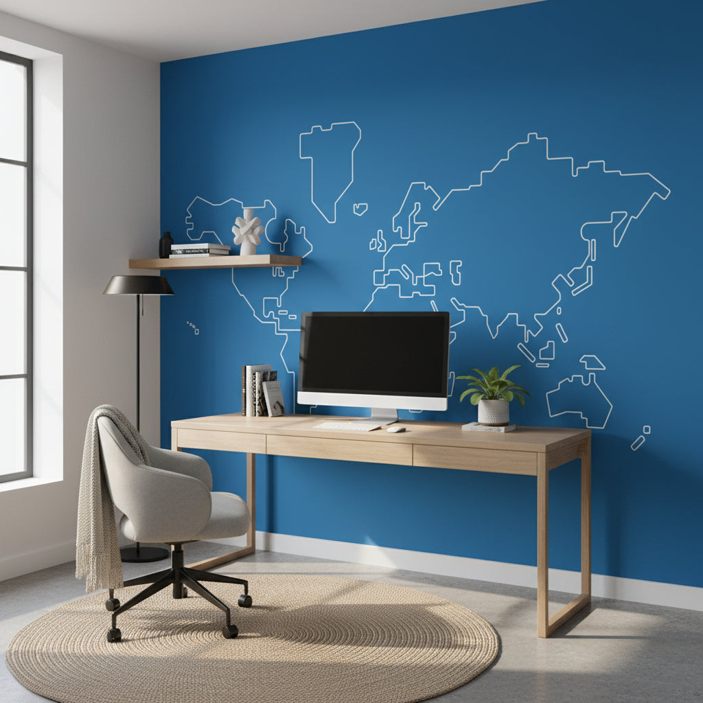 Bold Blue Outline World Map Wall Mural