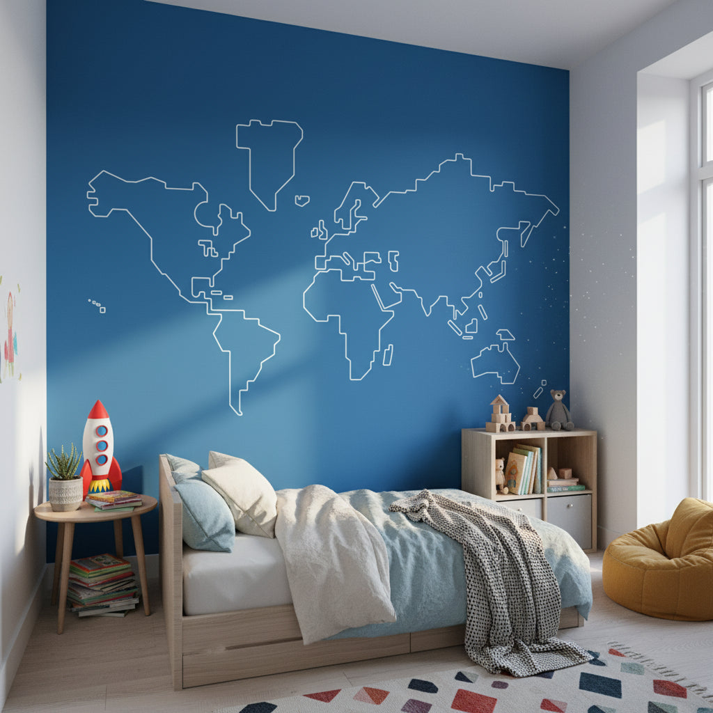 Bold Blue Outline World Map Wall Mural