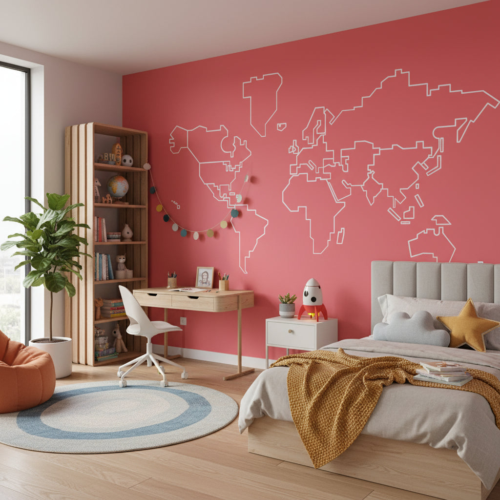 Soft Coral Pink World Map Outline Wall Mural
