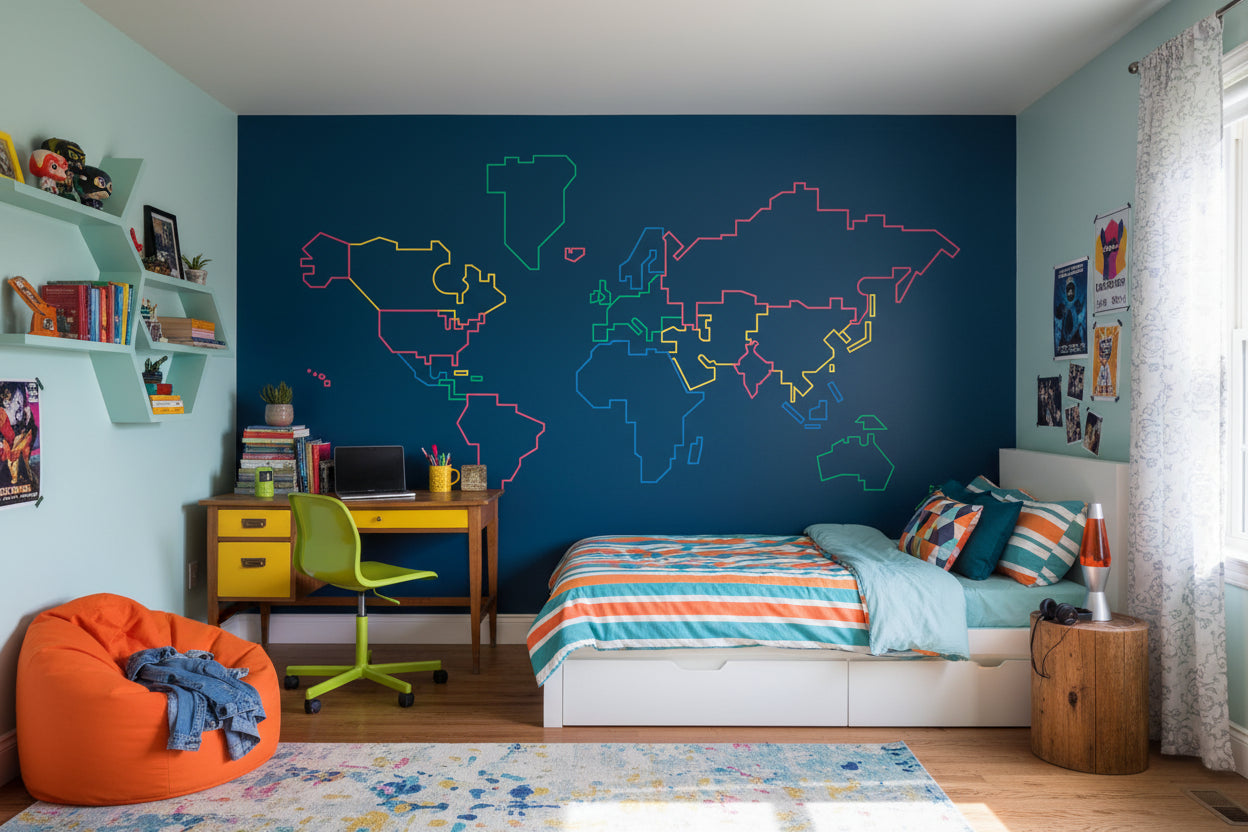 Navy Blue Multicolor World Map Wall Mural