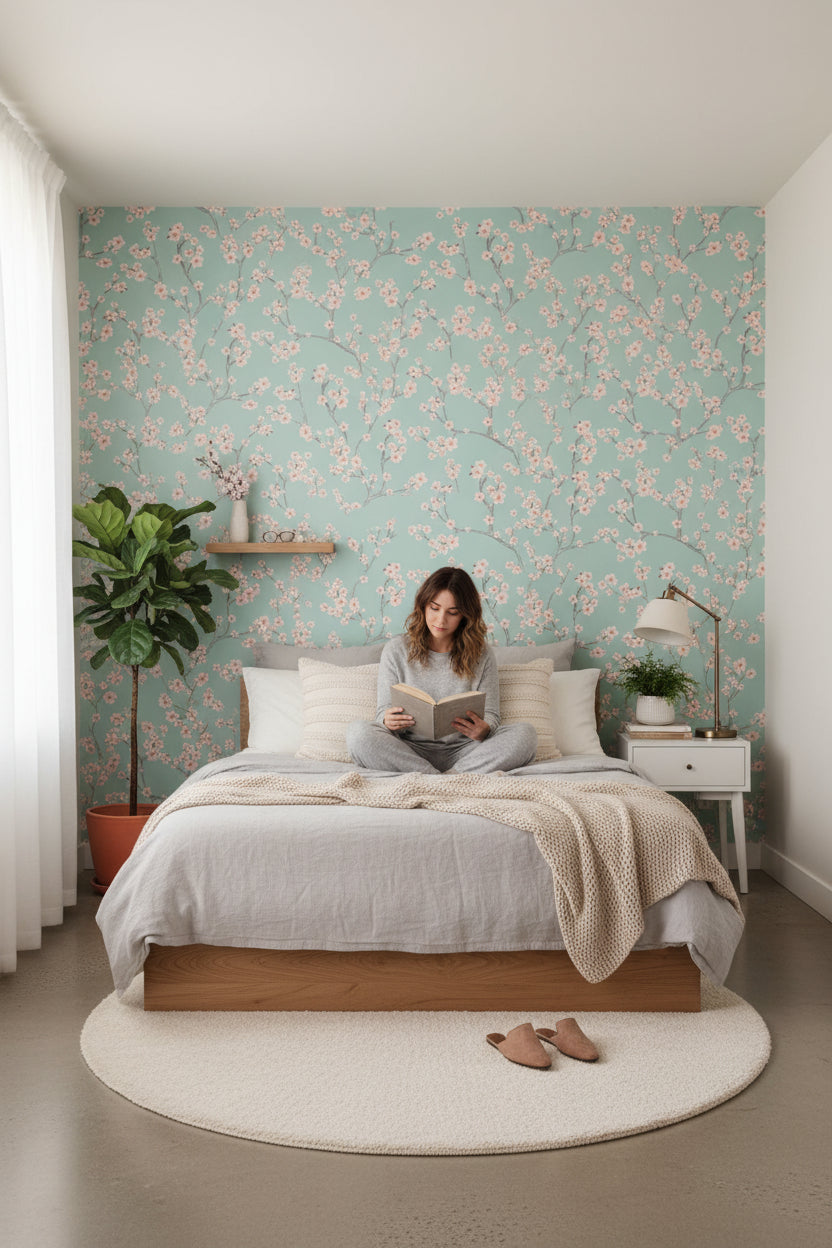 Mint Green Cherry Blossom Pattern Wallpaper