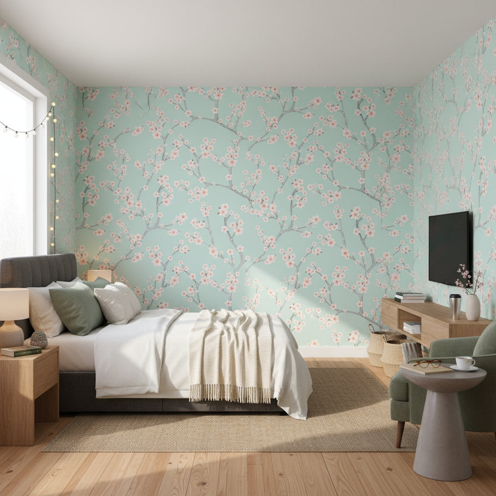 Mint Green Cherry Blossom Pattern Wallpaper