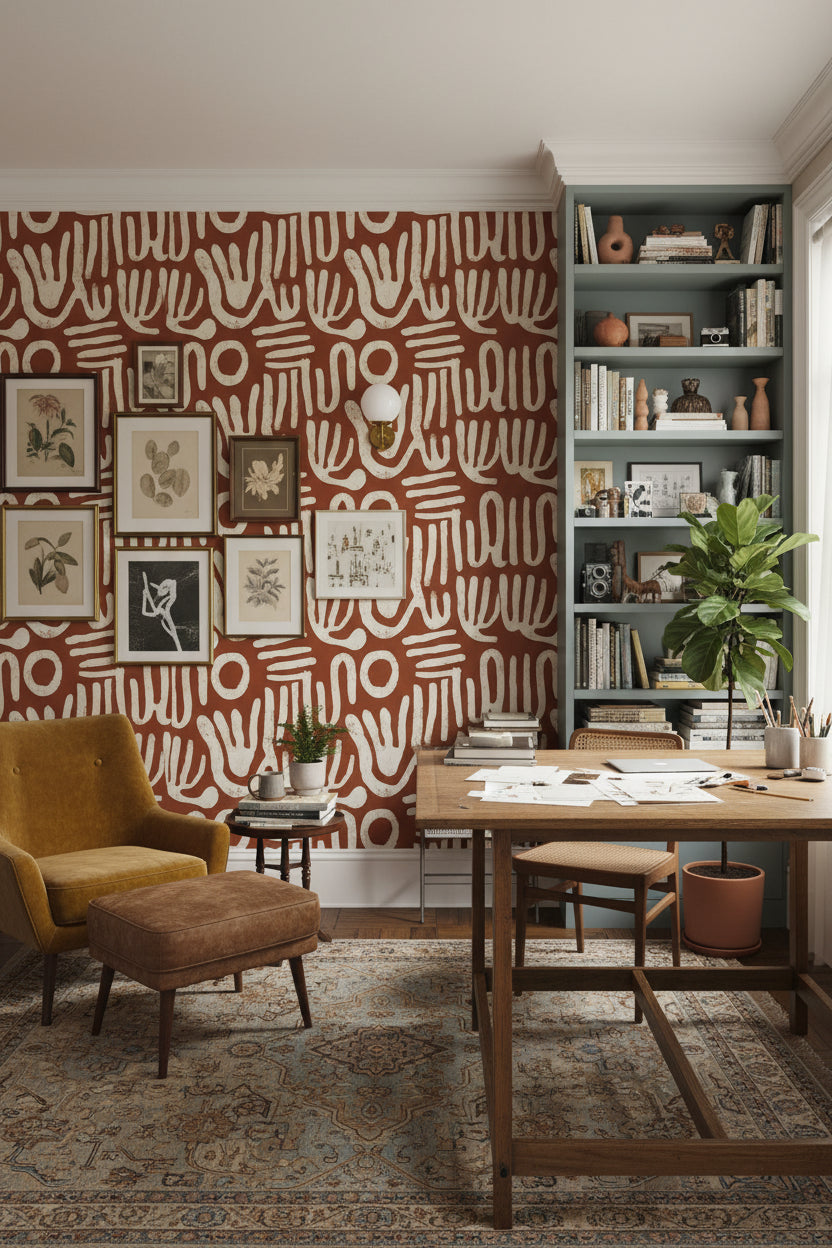 Terracotta Brown Abstract Handprint Wallpaper