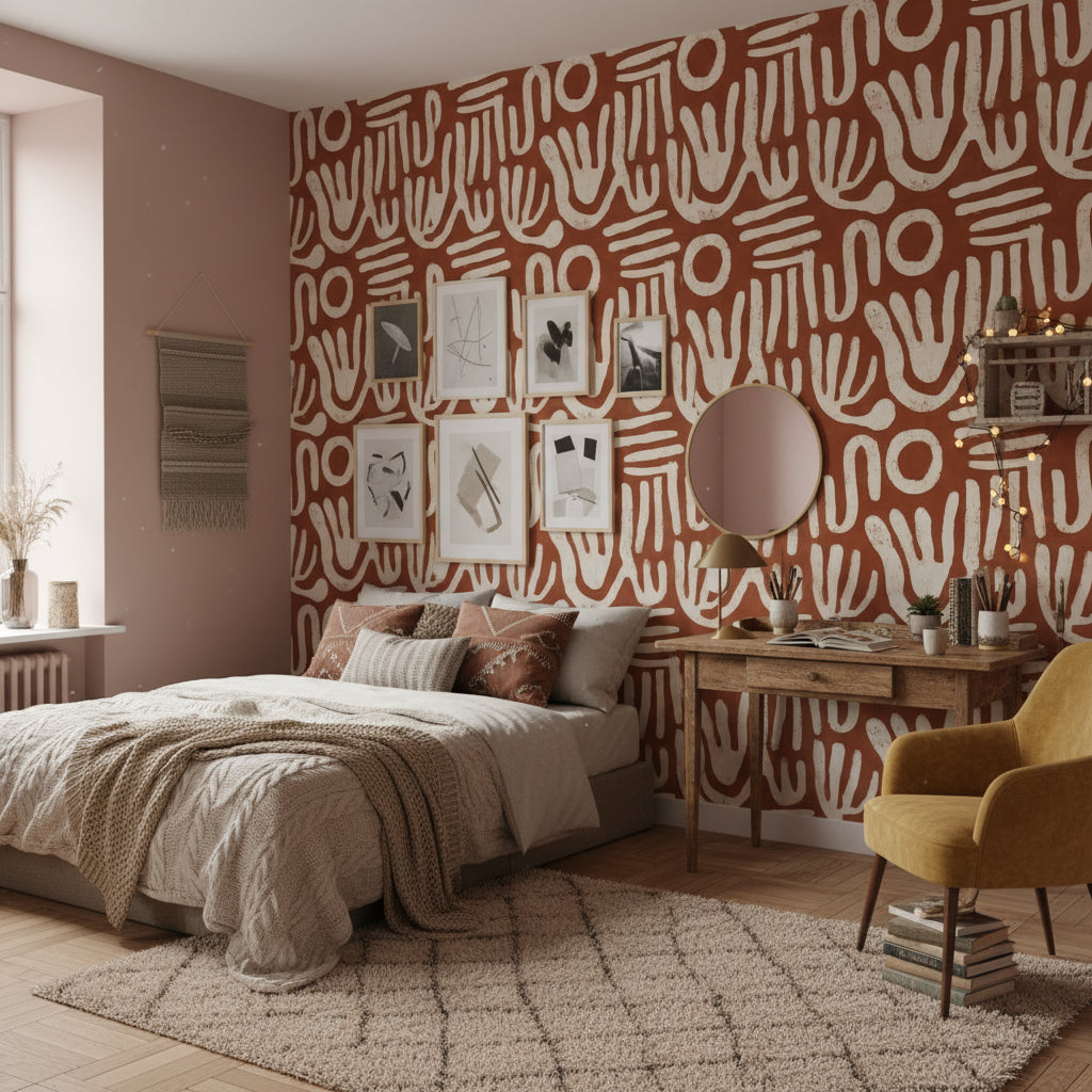 Terracotta Brown Abstract Handprint Wallpaper