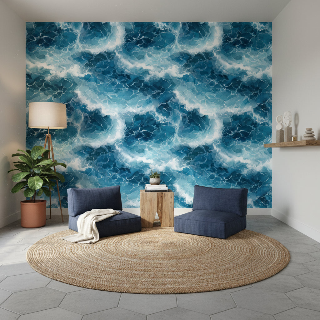 Vibrant Blue Ocean Wave Pattern Wallpaper