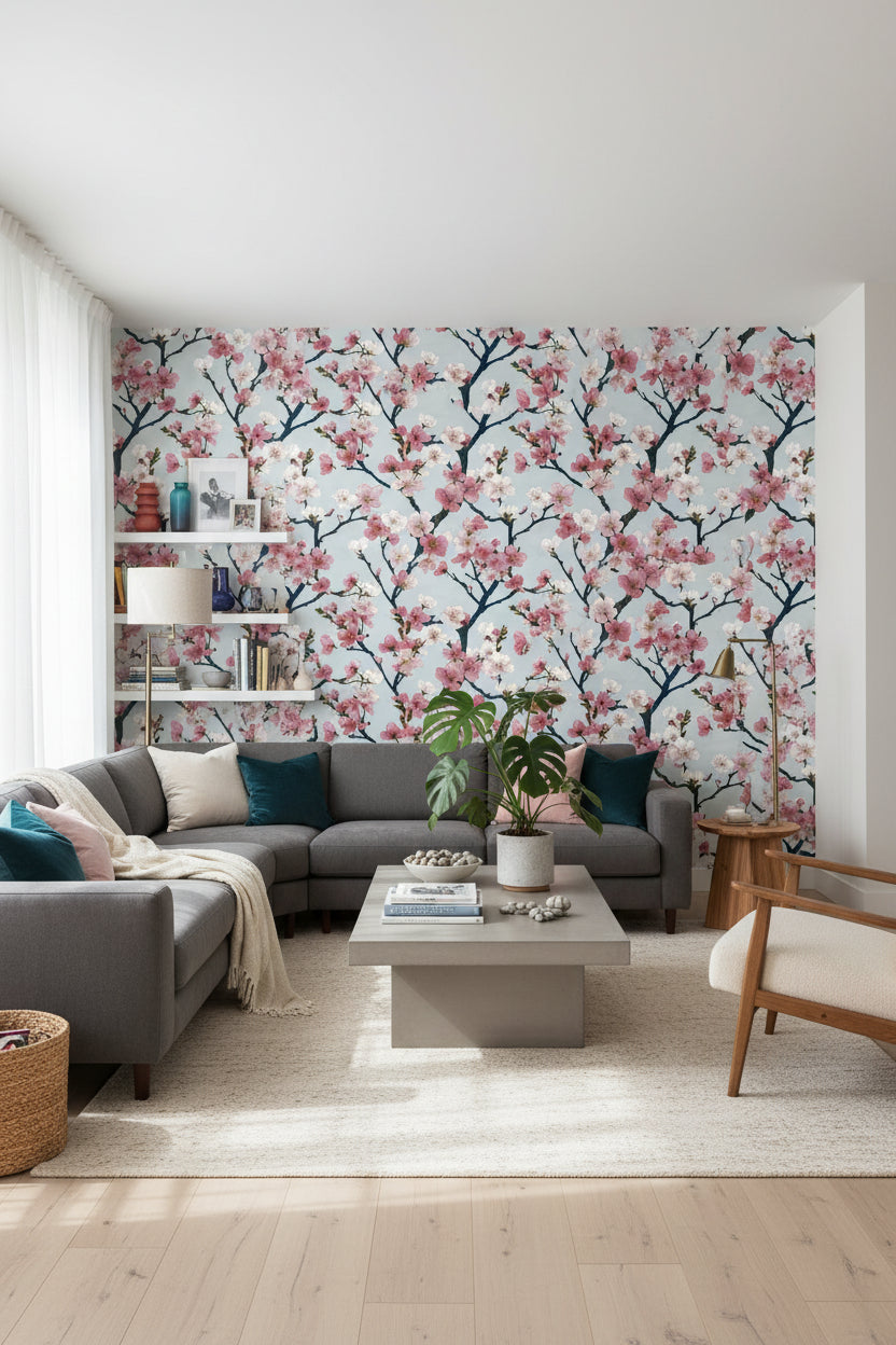 White and Pink Cherry Blossom Floral Wallpaper