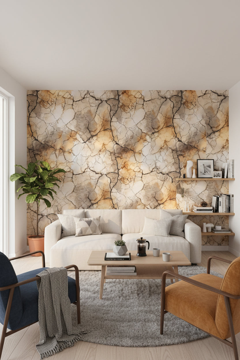 Warm Beige and Gold Look Cracked Marble Wallpaper