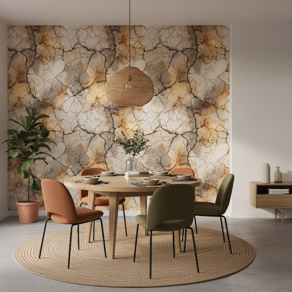 Warm Beige and Gold Look Cracked Marble Wallpaper