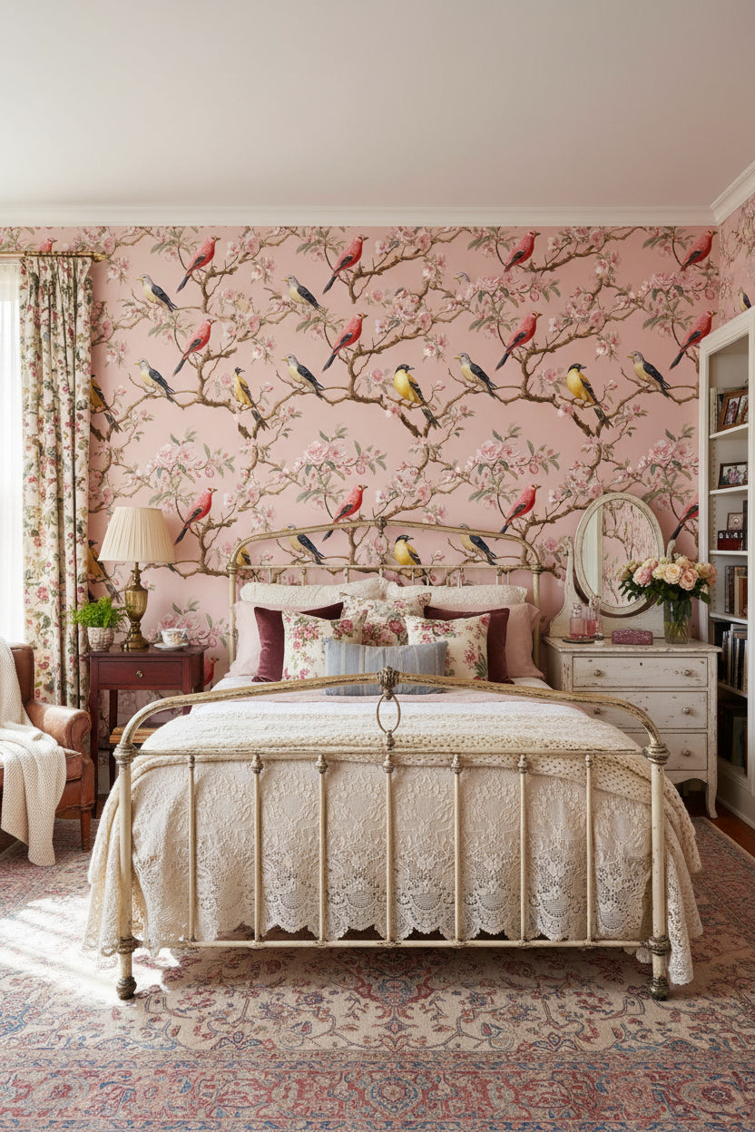 Soft Pink Bird and Blossom Traditional Wallpaper