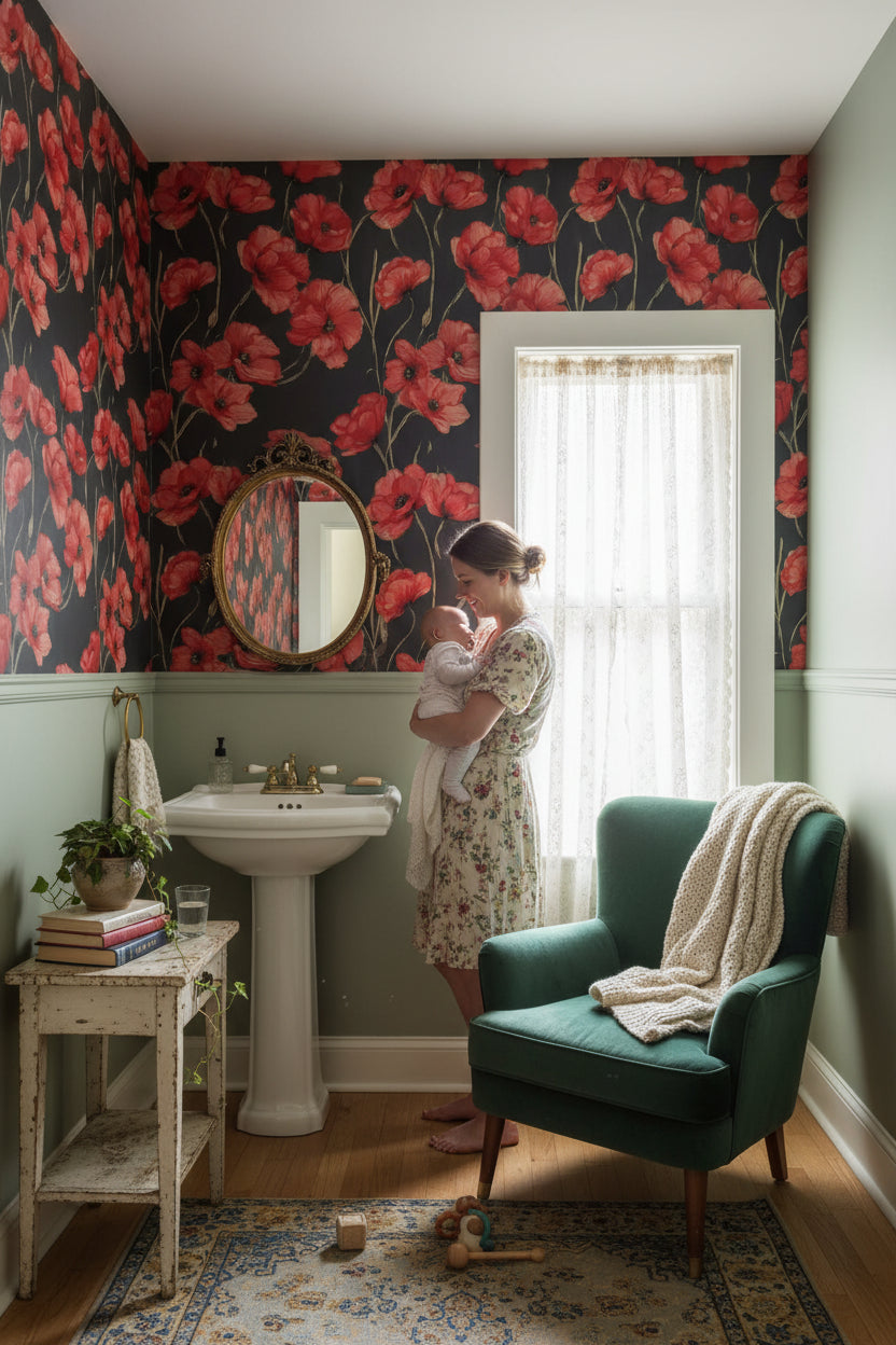 Charcoal Black Red Poppy Floral Wallpaper