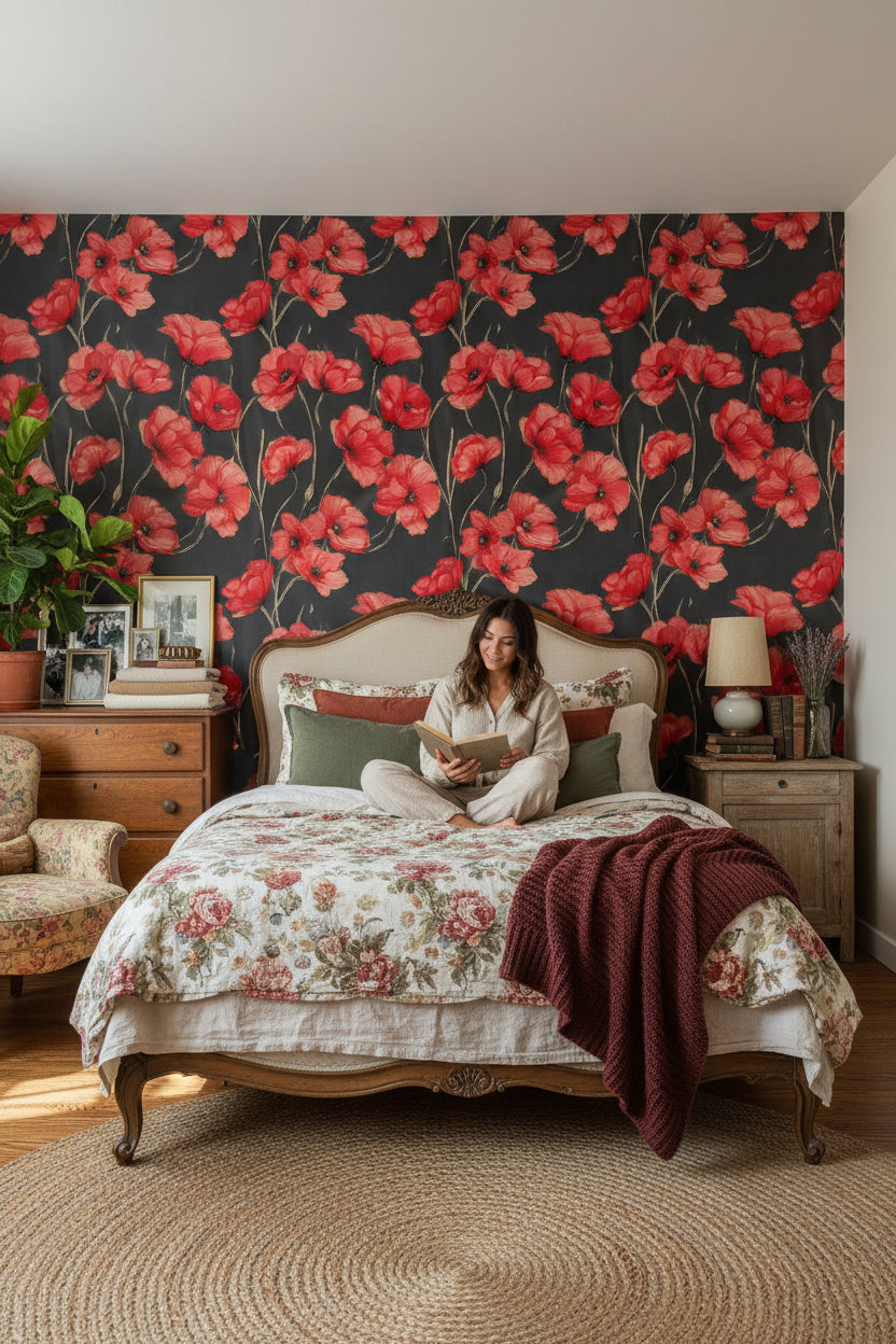 Charcoal Black Red Poppy Floral Wallpaper