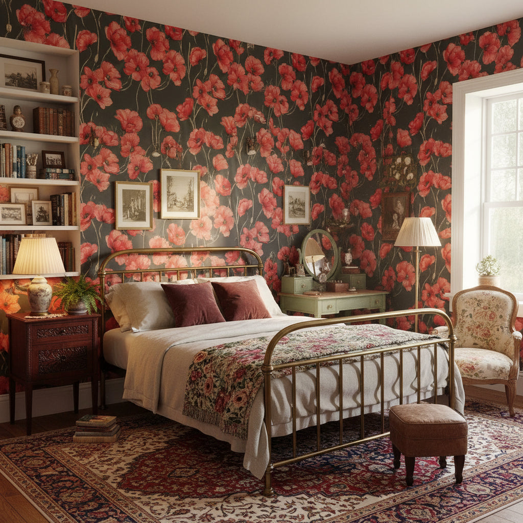 Charcoal Black Red Poppy Floral Wallpaper