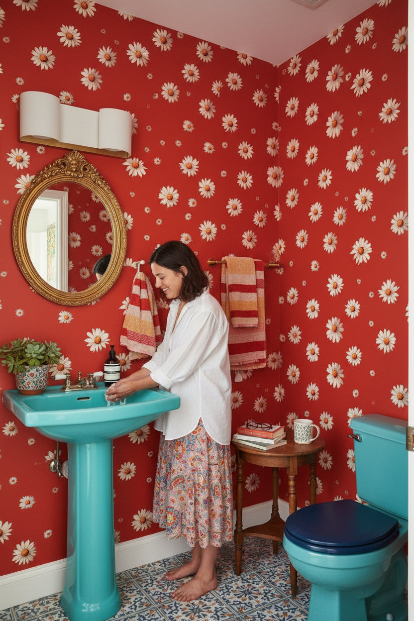 Floral Wallpaper Daisies Red Removable Wall Decor