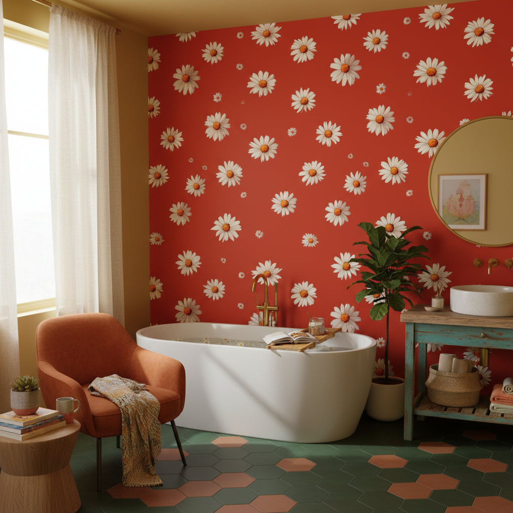 Vibrant Red Daisy Floral Wallpaper