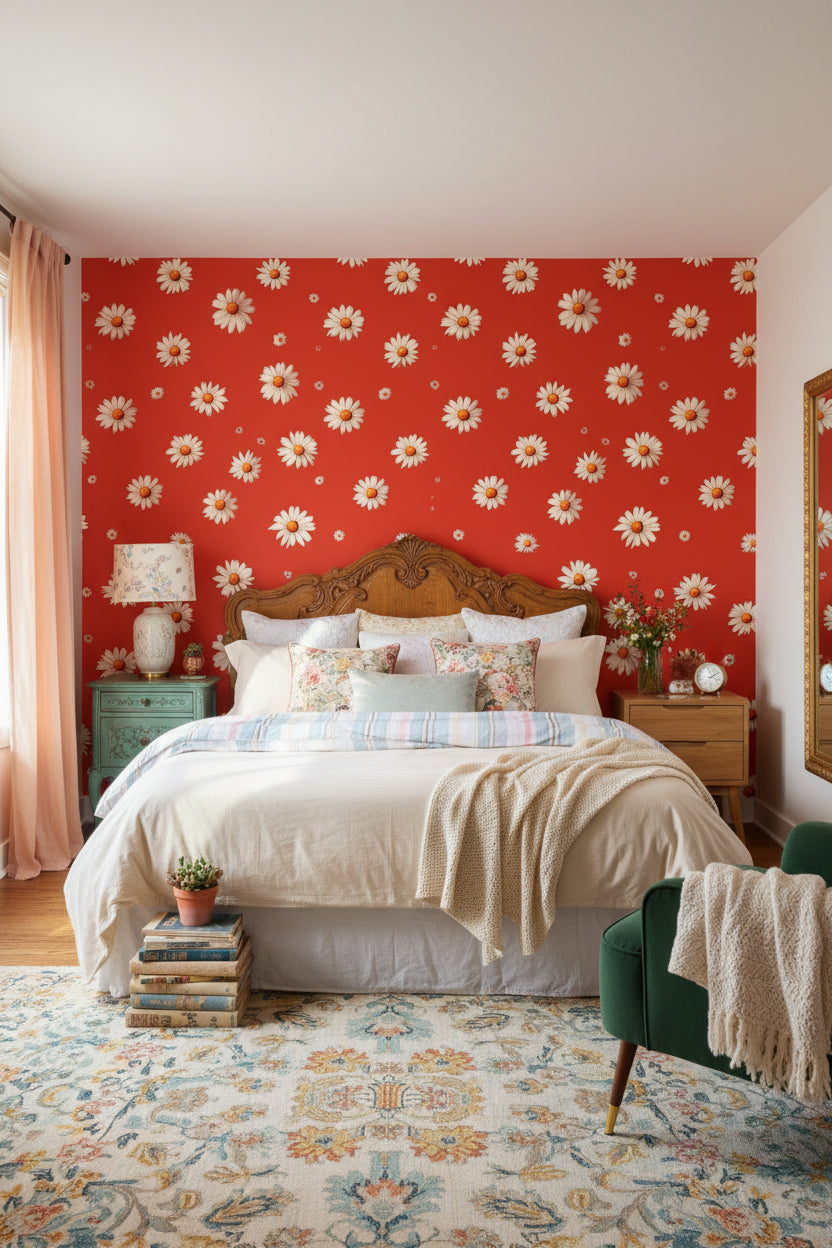 Vibrant Red Daisy Floral Wallpaper