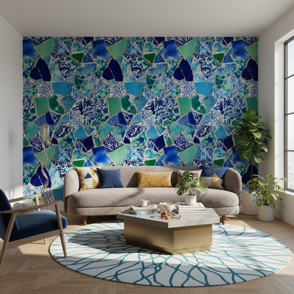 Mosaic Wallpaper Ceramic Mural Blue Wall Decor