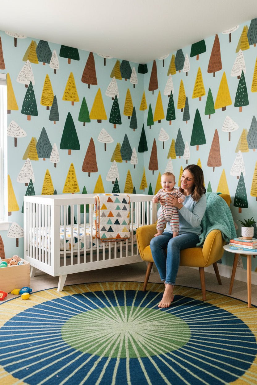 Pastel Blue Multicolor Tree Pattern Wallpaper