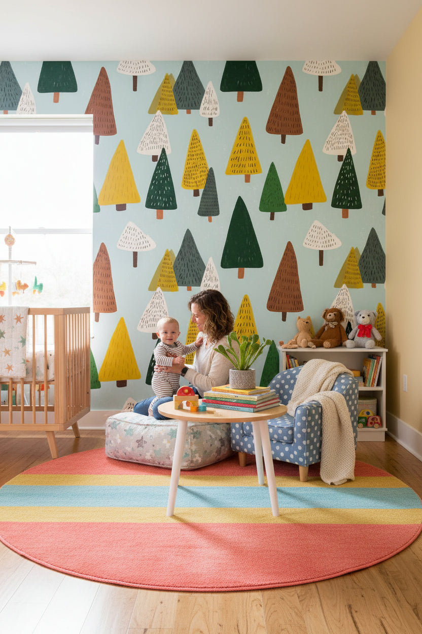 Pastel Blue Multicolor Tree Pattern Wallpaper