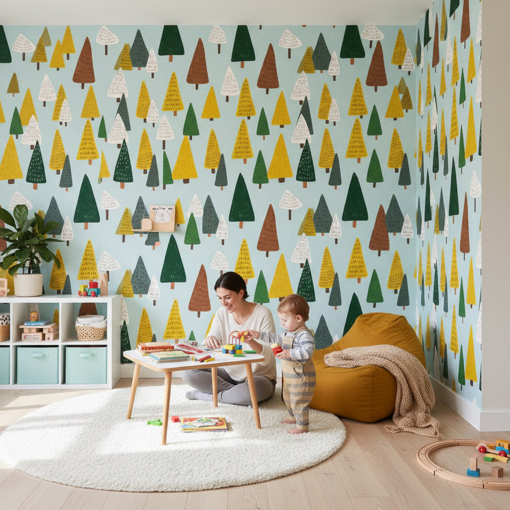 Pastel Blue Multicolor Tree Pattern Wallpaper