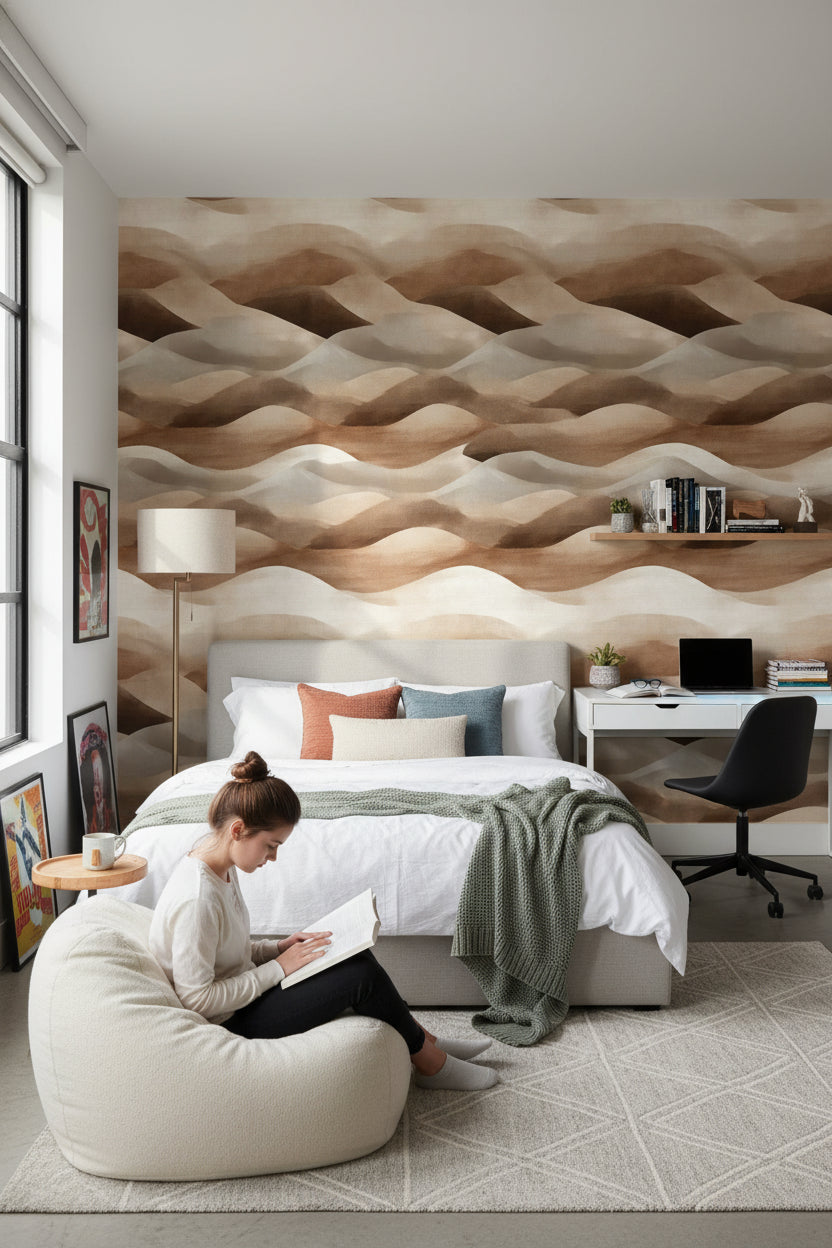 Warm Beige and Brown Abstract Wave Wallpaper