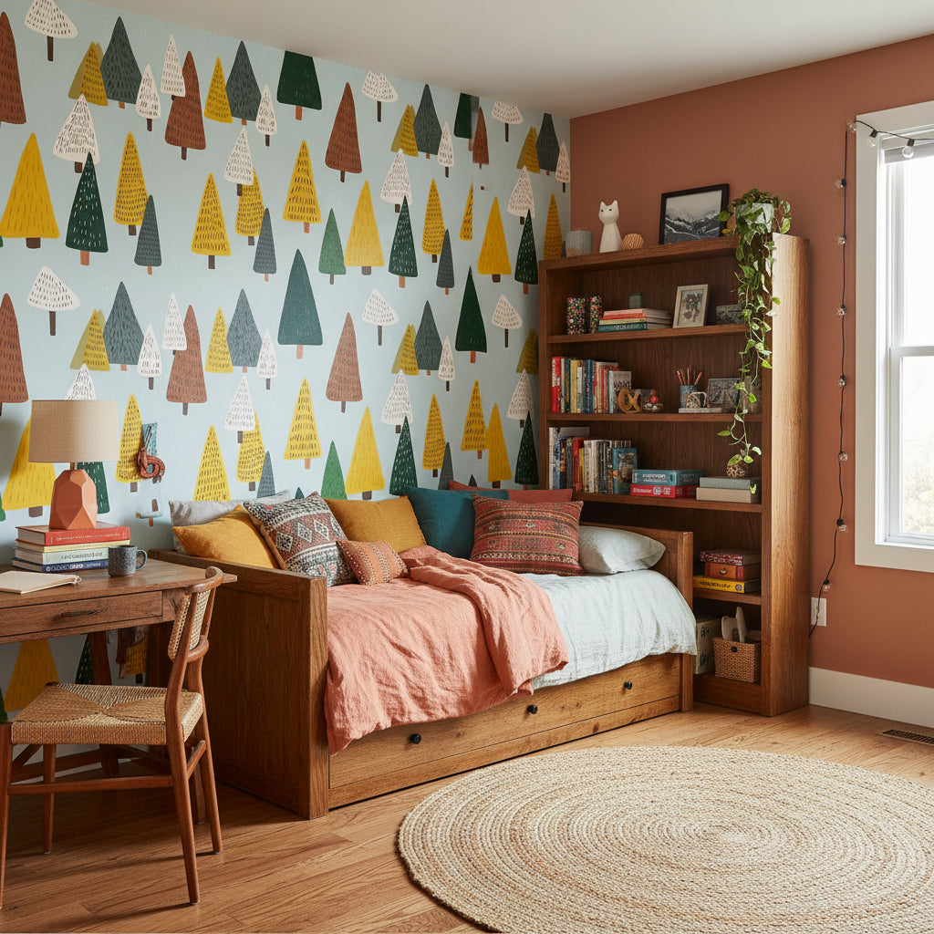 Pastel Blue Multicolor Tree Pattern Wallpaper