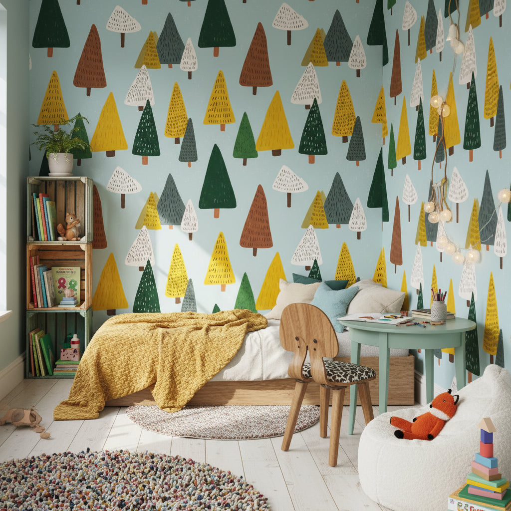 Pastel Blue Multicolor Tree Pattern Wallpaper