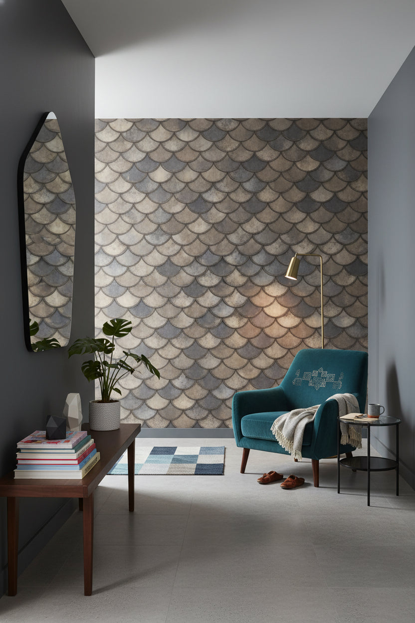 Taupe and Gray Scallop Pattern Wallpaper