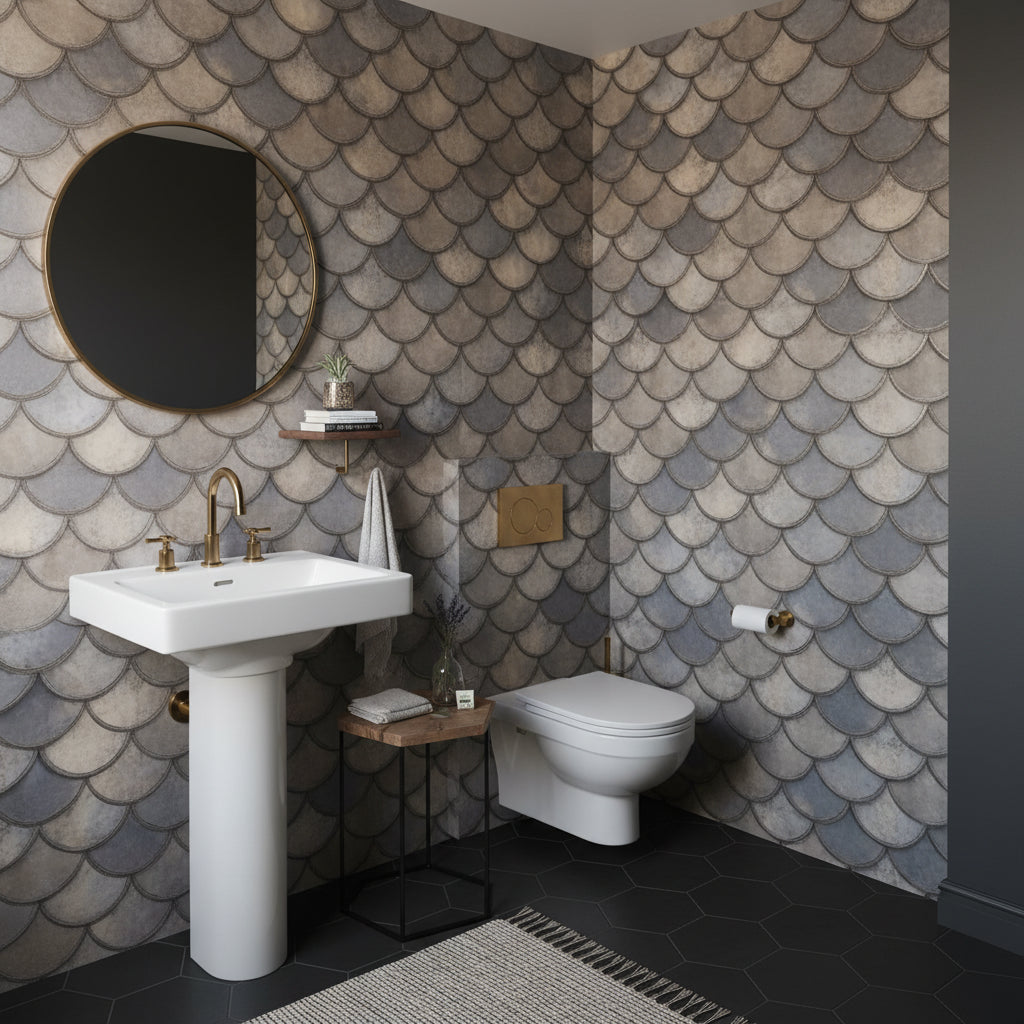 Taupe and Gray Scallop Pattern Wallpaper