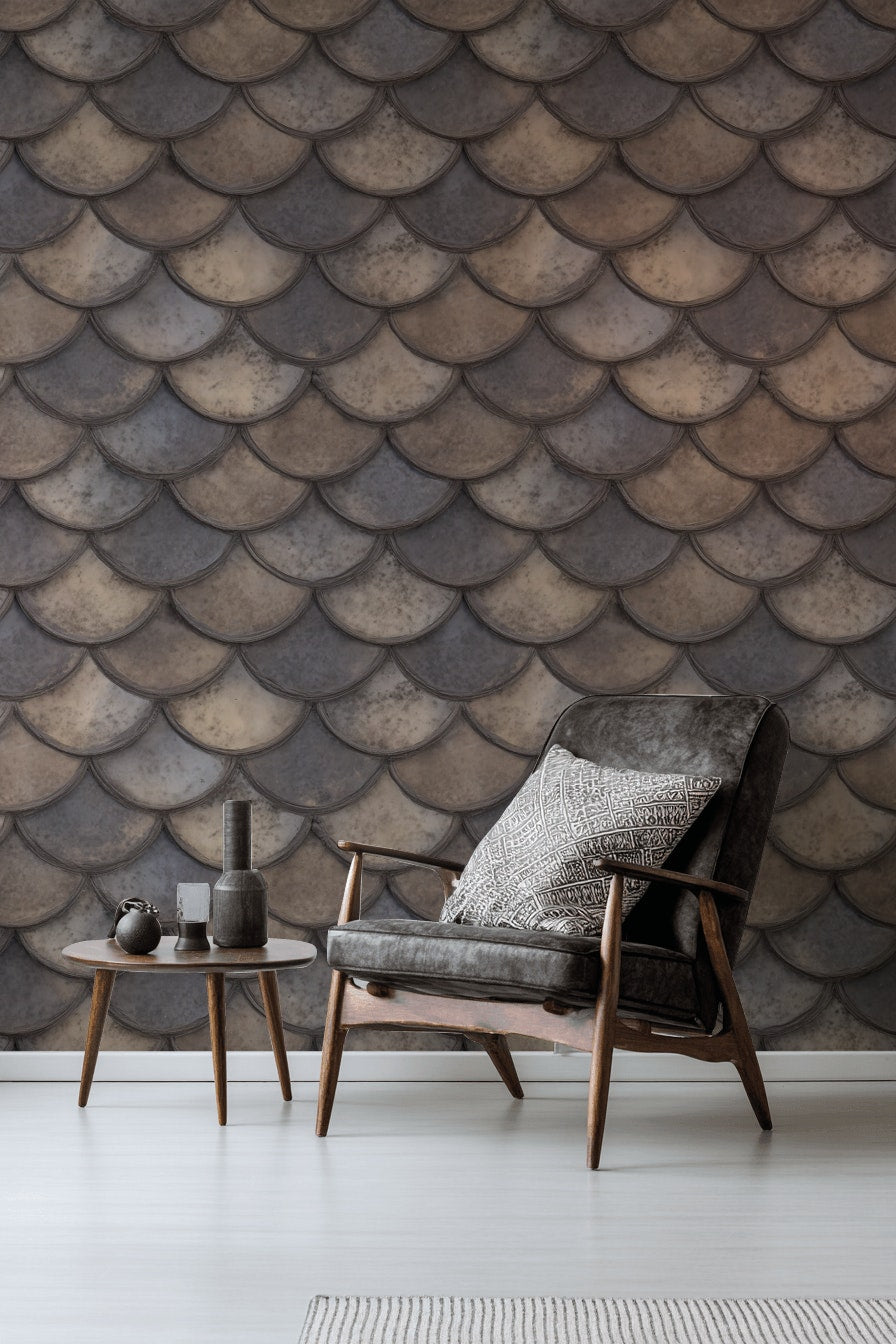 Taupe and Gray Scallop Pattern Wallpaper