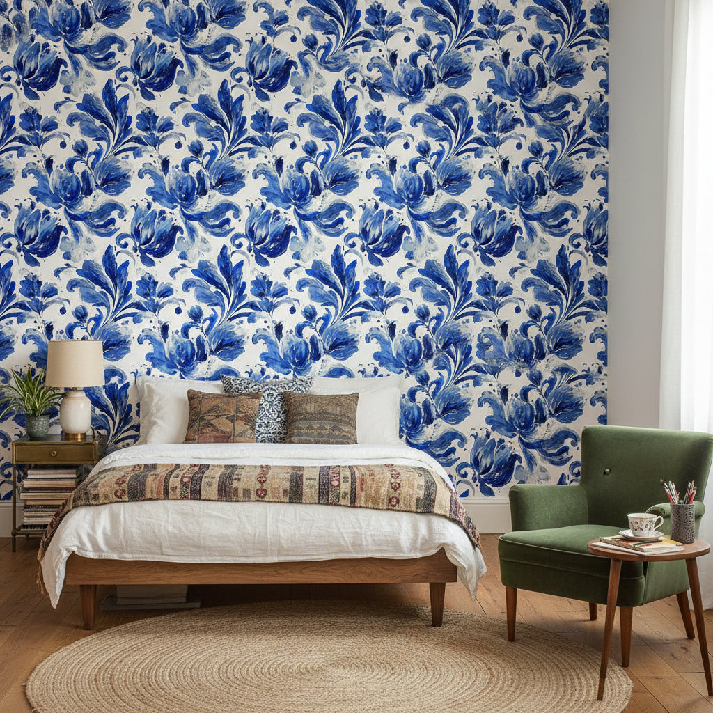 Cobalt Blue Tulip Floral Wallpaper