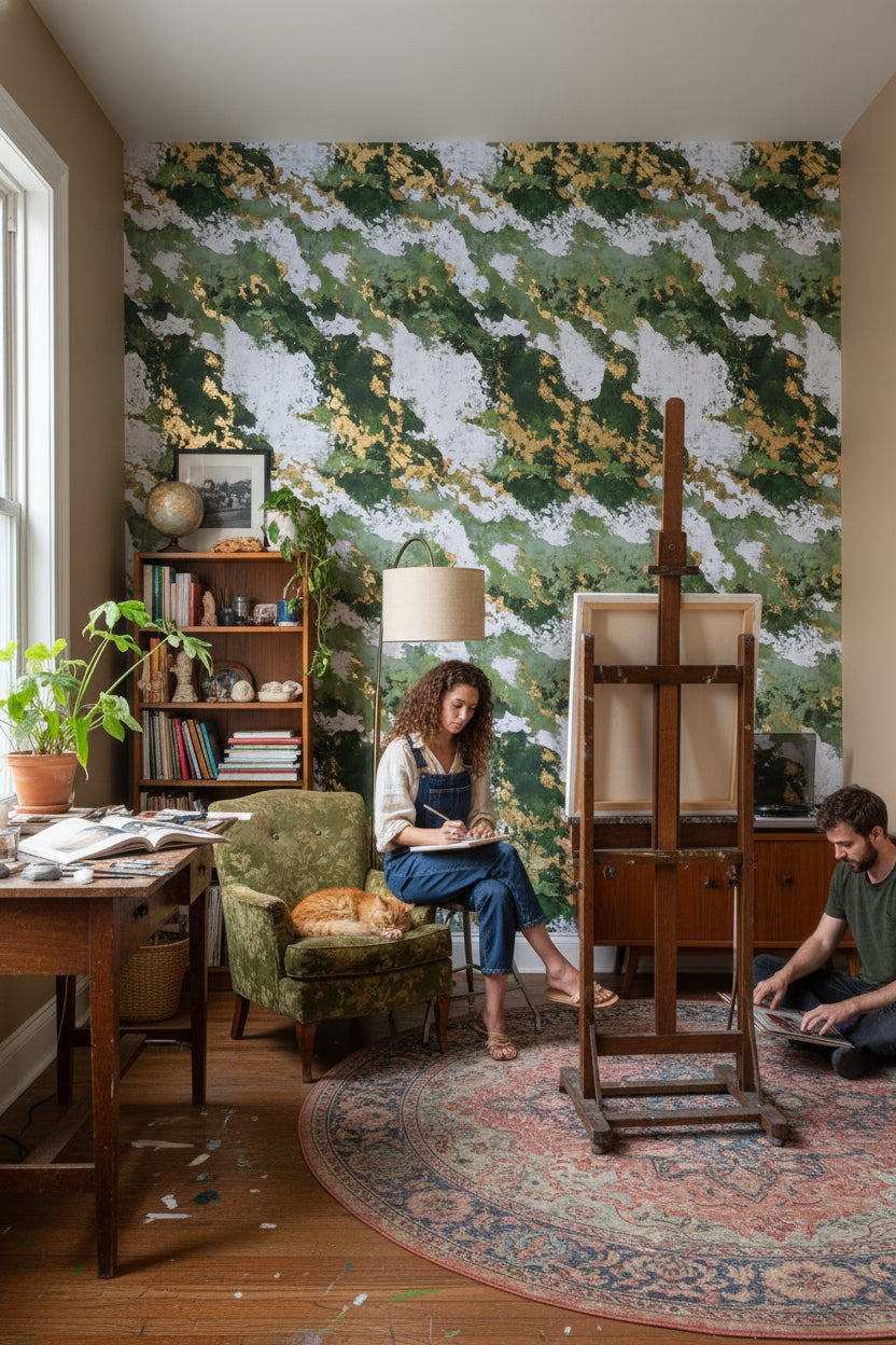 Shades Of Green Wallpaper Gold Modern Decorative Mural