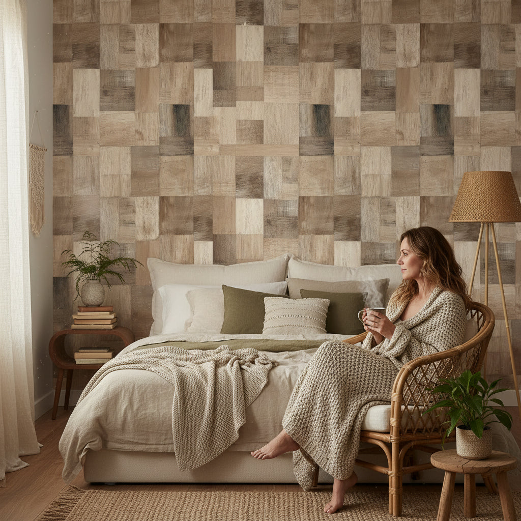 Natural Wood Patchwork Texture Wallpaper