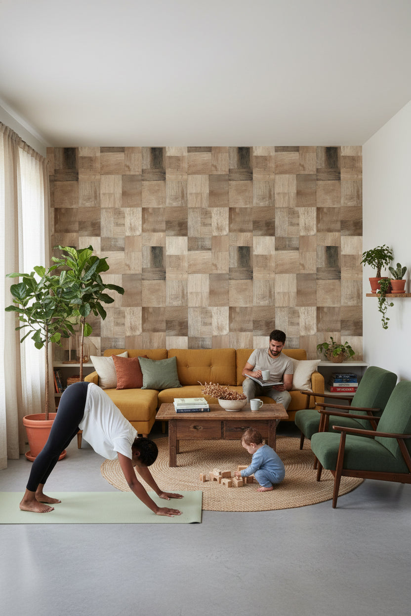 Natural Wood Patchwork Texture Wallpaper