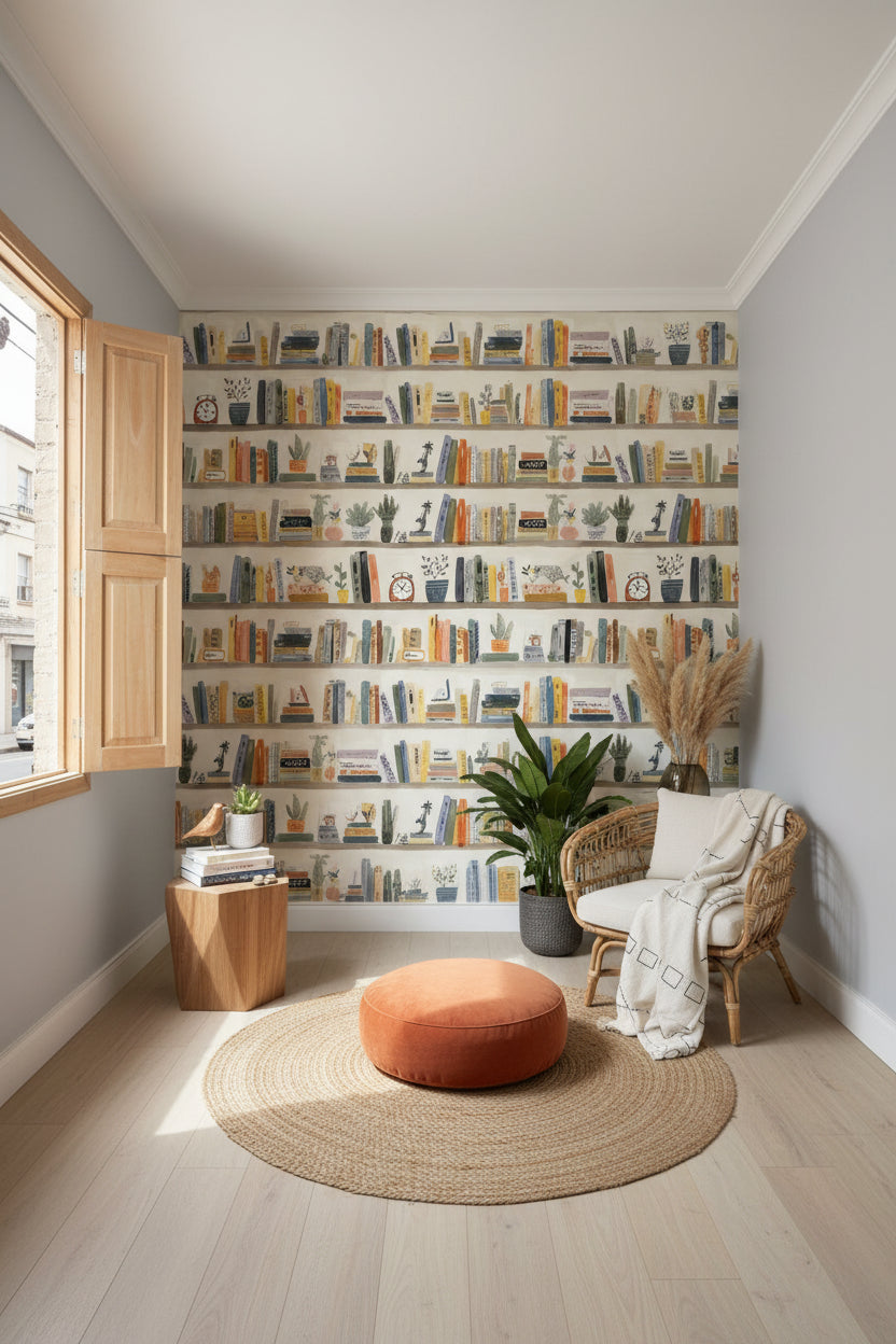 Cream Artistic Bookshelf Abstract Wallpaper