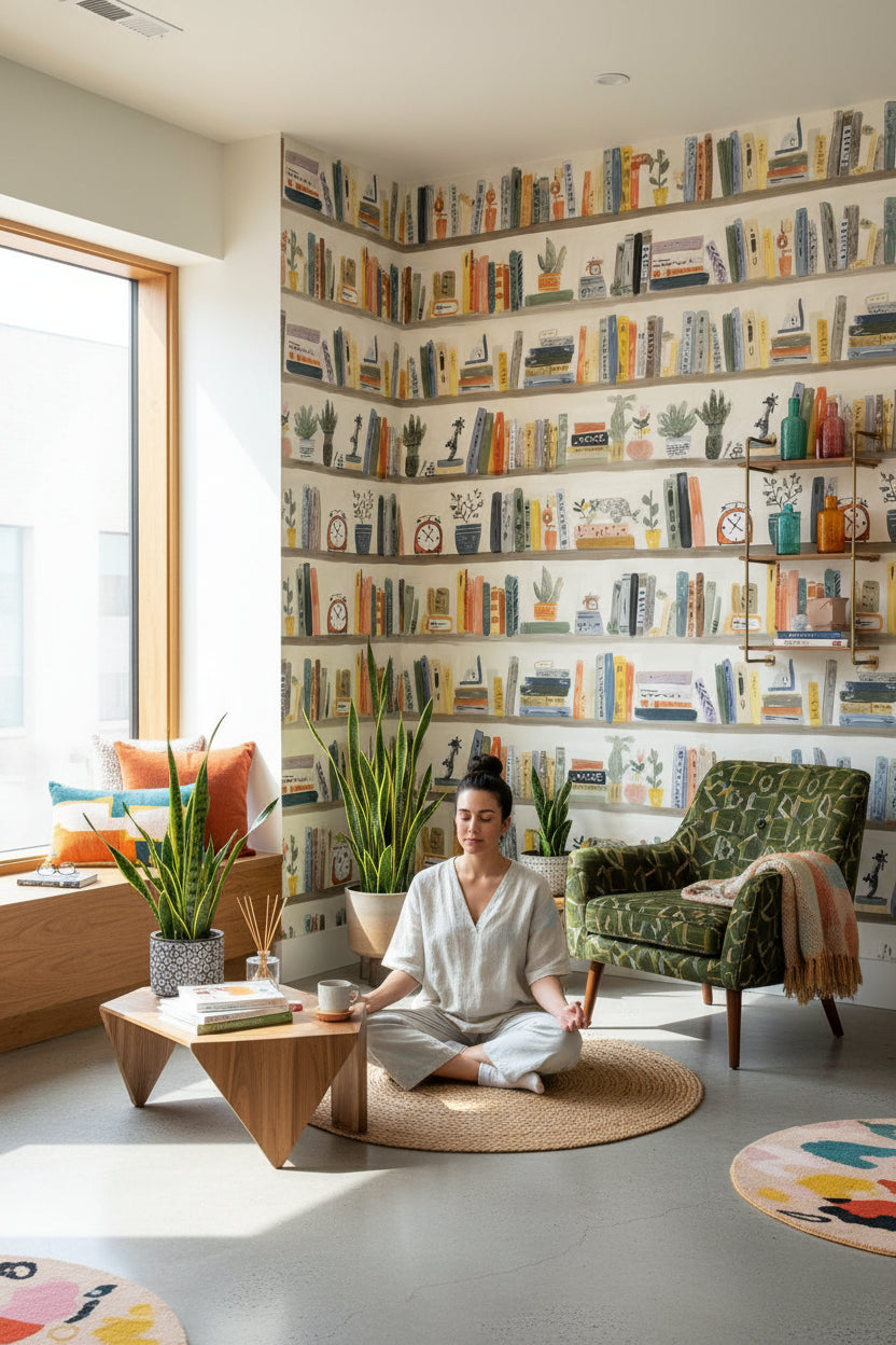 Bookshelves Wallpaper Plants Abstract Wall Mural