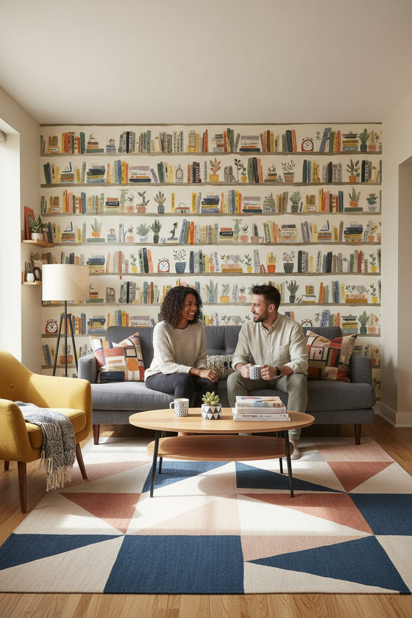 Cream Artistic Bookshelf Abstract Wallpaper