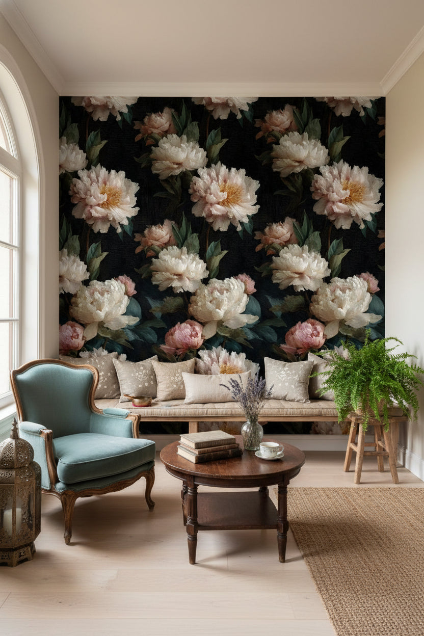 Moody Black Peony Floral Wallpaper