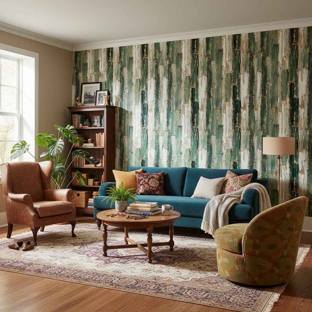 Rustic Green and Cream Brushstroke Wallpaper