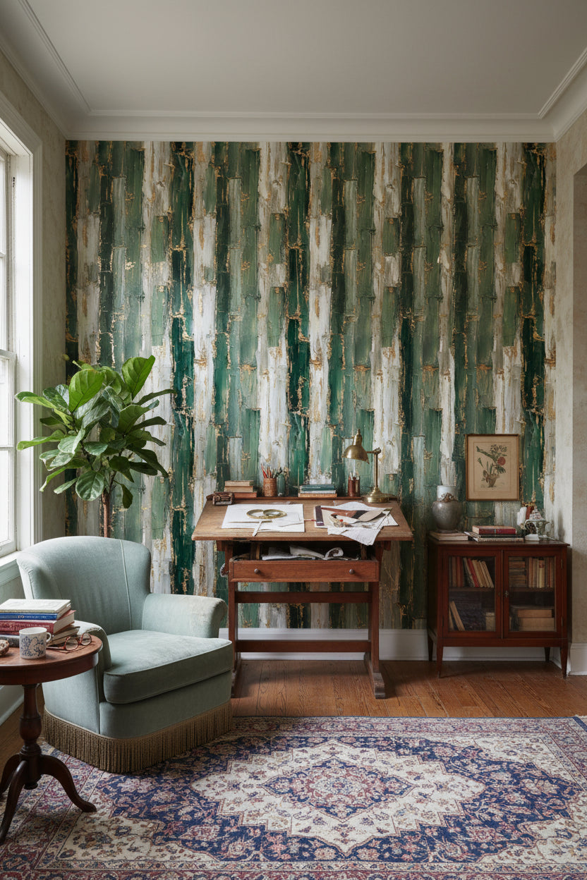 Rustic Green and Cream Brushstroke Wallpaper